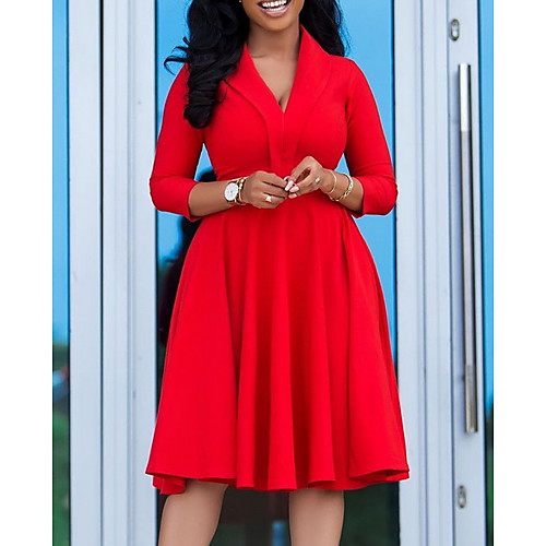 

Women's Plus Size Dresses A Line Dress Knee Length Dress 3/4 Length Sleeve Solid Color Ruched V Neck Casual Spring & Fall Red S M L XL XXL