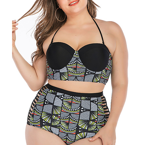 

Women's Plus Size Padded Fashion Sexy Bikini 2 Piece Swimsuit Tummy Control Push Up Color Block Strap Swimwear Bathing Suits Black / Abstract