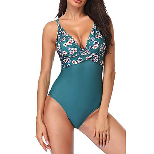 

one piece swimsuit v neck swimwear high waist bikini green flower s(us 4-6)