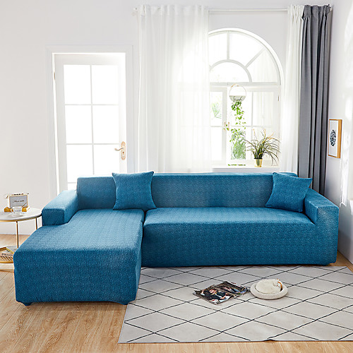 

Sofa Cover Contracted Color Blue Print Dustproof Stretch Super Soft Fabric L Shape Sofa (You will Get 1 Throw Pillow Case as free Gift)