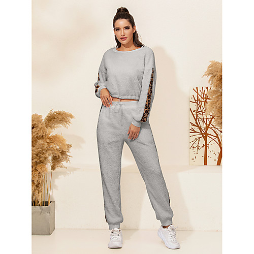 

Women's Streetwear Leopard Going out Casual / Daily Two Piece Set Crop Sweatshirt Pant Drawstring Print Tops
