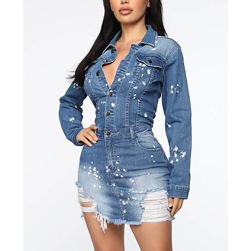 

Women's A Line Dress Short Mini Dress Light Blue Long Sleeve Solid Color Button Summer Shirt Collar Casual Cotton 2021 S M L XL XXL XXXL