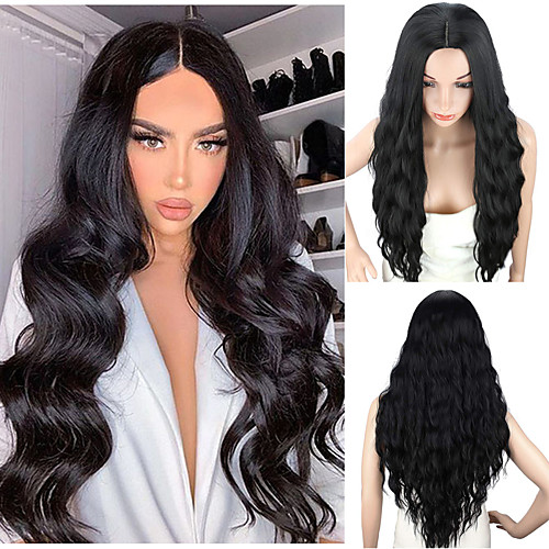 

Women's Long Curly Hair Synthetic Wig Natural Black Middle Part Wigs Heat Resistant Fiber 28 Inch