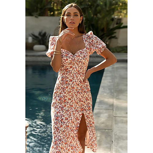 

A-Line Floral Boho Holiday Party Wear Dress V Neck Short Sleeve Tea Length Cotton with Split Pattern / Print 2021