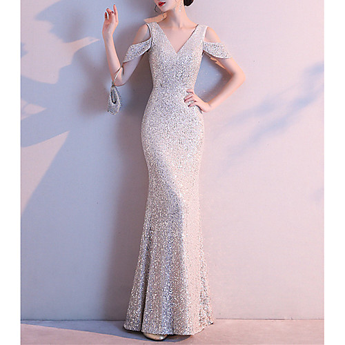 

Mermaid / Trumpet Beautiful Back Sparkle Wedding Guest Formal Evening Dress V Neck Short Sleeve Floor Length Sequined with Sequin 2021