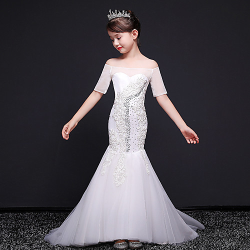 

Mermaid / Trumpet Sweep / Brush Train / Asymmetrical Formal Evening / Pageant Flower Girl Dresses - Tulle Short Sleeve Off Shoulder with Beading / Appliques / Solid
