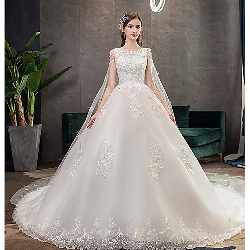 

Princess Ball Gown Wedding Dresses Jewel Neck Chapel Train Lace Tulle Sleeveless Formal Luxurious with Appliques 2021