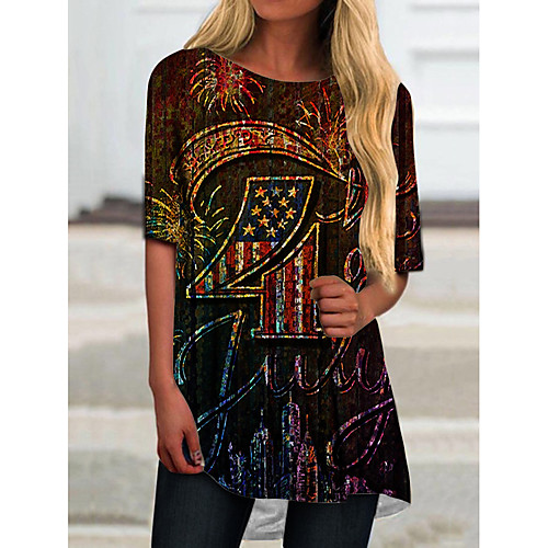 

Women's T Shirt Dress Tee Dress Short Mini Dress Green Half Sleeve Color Block Flag Print Spring Summer Round Neck Casual 2021 S M L XL XXL 3XL
