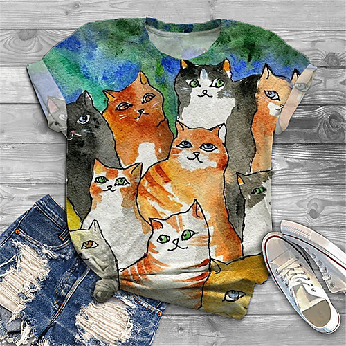 

Women's Plus Size Print Cat Graphic Animal T shirt Large Size Crewneck Short Sleeve Basic Tops XL XXL 3XL Blue Big Size