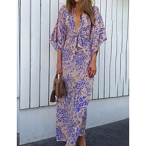

Women's Swing Dress Maxi long Dress Lavender 3/4 Length Sleeve Print Print Summer V Neck Sexy 2021 S M L XL