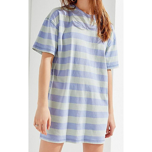 

Women's T Shirt Dress Tee Dress Short Mini Dress Blue Short Sleeve Striped Print Summer Round Neck Casual 2021 M L XL XXL