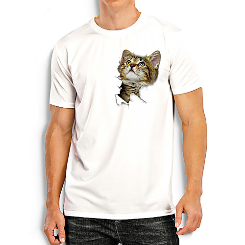 

Men's Tees T shirt Hot Stamping Cat Graphic Prints Animal Print Short Sleeve Daily Tops Basic Casual White