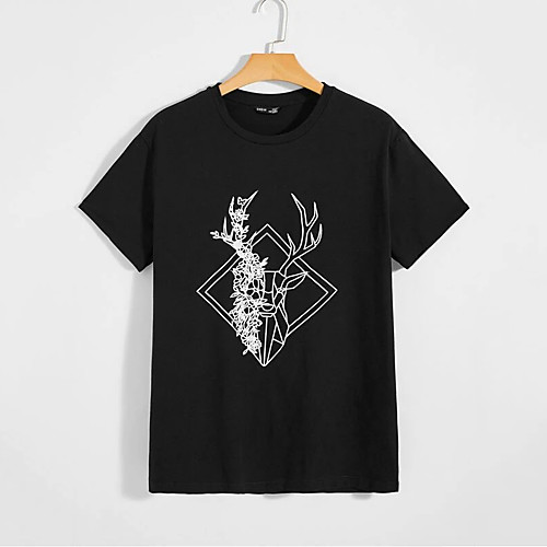 

Men's T shirt Hot Stamping Deer Animal Print Short Sleeve Casual Tops 100% Cotton Basic Casual Fashion Black