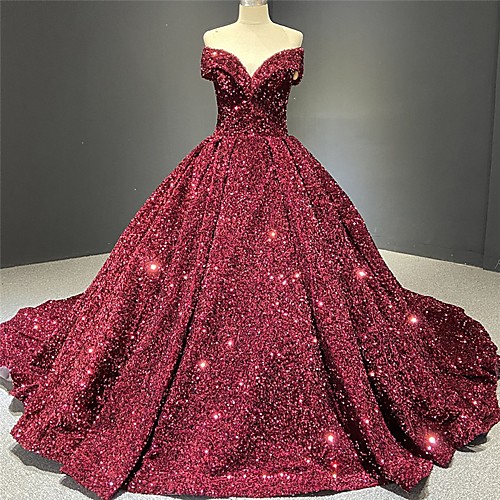 

Ball Gown Luxurious Sparkle Engagement Prom Dress V Neck Short Sleeve Chapel Train Sequined with Pleats Sequin 2021