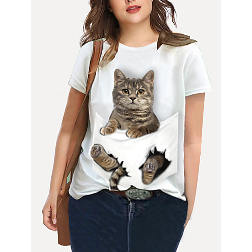 

Women's Plus Size Print Cat Graphic Animal T shirt Large Size Crewneck Short Sleeve Basic Tops XL XXL 3XL White Black Big Size