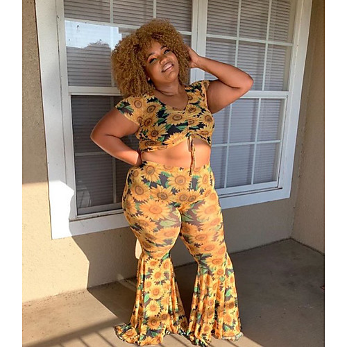 

Women's Plus Size Print Floral Two Piece Yellow