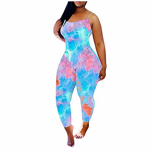 

klgda_women jumpsuits for women summer fashion printed sexy bodycon tie dye sling sports yoga homewear long rompers blue