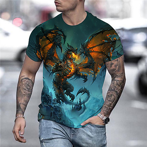 

Men's Tee T shirt Shirt 3D Print Dragon Graphic Anime Plus Size Crew Neck Daily Holiday Print Short Sleeve Tops Streetwear Exaggerated Golden Blue Rainbow