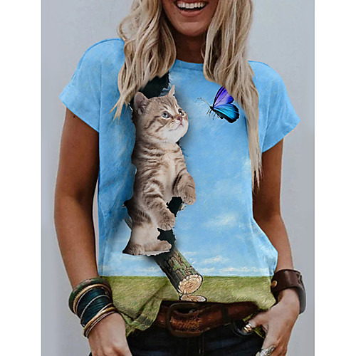 

Women's T shirt Cat Graphic 3D Print Round Neck Tops Basic Basic Top Blue Green