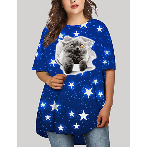 

Women's Plus Size Dresses T Shirt Dress Tee Dress Short Mini Dress Half Sleeve Cat Graphic Animal Print Casual Fall Blue XL XXL 3XL 4XL 5XL / Holiday