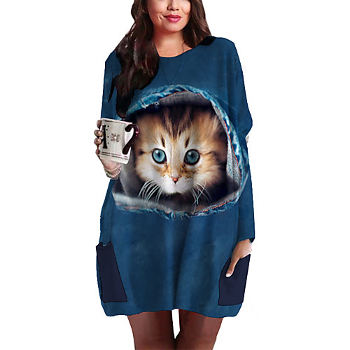 

Women's Plus Size Dresses Shift Dress Short Mini Dress Long Sleeve Cat Graphic Animal Print Basic Fall Blue XL XXL 3XL 4XL 5XL / Holiday