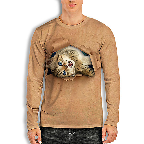 

Men's Tees T shirt 3D Print Cat Graphic Prints Animal Print Long Sleeve Daily Tops Basic Casual Khaki