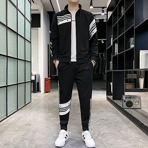 

Men's 2 Piece Jogging Suit Street Athletic Long Sleeve 2pcs Breathable Sweat Out Gym Workout Sportswear Normal Outfit Set Jacket White Black Activewear Inelastic / Casual