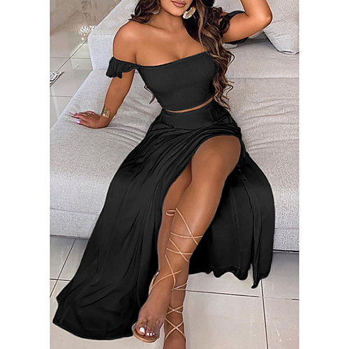 

Women's Two Piece Dress Maxi long Dress White Black Sleeveless Solid Color Summer Off Shoulder Casual 2021 S M L XL