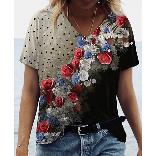 

Women's T shirt Graphic Color Block Floral Print V Neck Tops Basic Basic Top Black