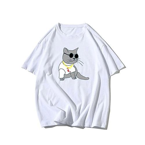 

Men's T shirt Hot Stamping Cat Animal Print Short Sleeve Casual Tops 100% Cotton Basic Casual Fashion White