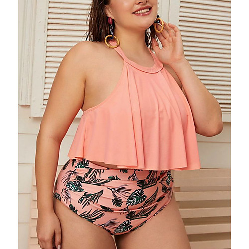 

Women's Tankini 2 Piece Swimsuit Open Back Print Cross Tropical Leaf Blushing Pink Plus Size Swimwear Halter Crop Top Strap Bathing Suits New Vacation