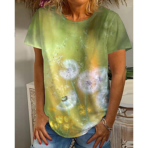 

Women's T shirt Graphic 3D Dandelion Print Round Neck Tops Basic Basic Top Green Gray