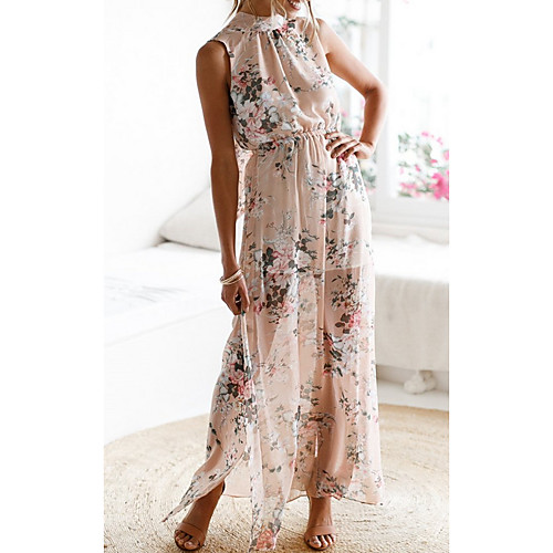 

Women's Chiffon Dress Maxi long Dress Photo Color Sleeveless Floral Split Print Summer Round Neck Sexy 2021 S M L XL