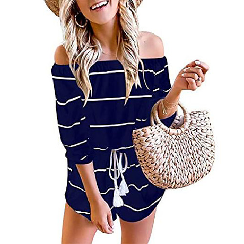 

women's knitted stripe ruffle sleeve off shoulder summer rompers jumpsuit playsuit with belt navy