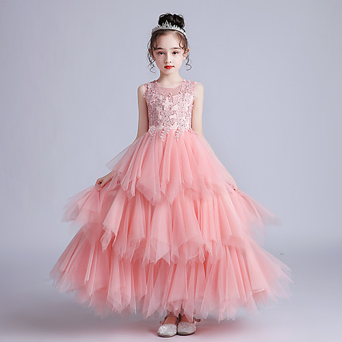 

Princess / Ball Gown Jewel Neck Ankle Length Tulle Junior Bridesmaid Dress with Bow(s) / Appliques