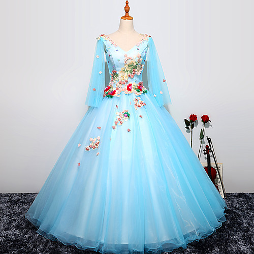 

Ball Gown Luxurious Floral Quinceanera Prom Dress V Neck Long Sleeve Floor Length Tulle with Pleats Embroidery 2021