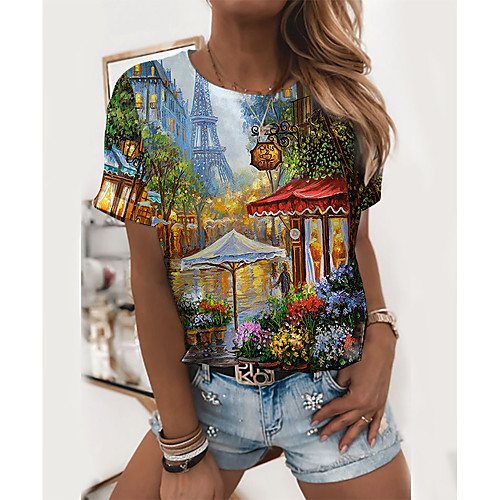 

Women's T shirt Graphic Scenery Print Round Neck Tops Basic Basic Top Rainbow