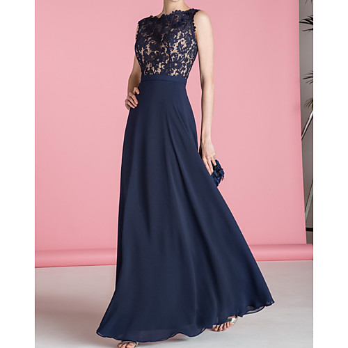 

A-Line Jewel Neck Floor Length Chiffon / Lace Bridesmaid Dress with Appliques