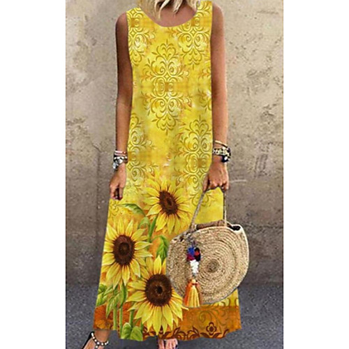 

Women's A Line Dress Maxi long Dress Yellow Sleeveless Floral Print Spring Summer Round Neck Casual 2021 S M L XL XXL 3XL 4XL 5XL