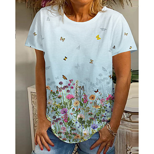 

Women's T shirt Graphic Butterfly Floral Print Round Neck Tops Basic Basic Top Light Blue