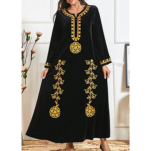 

Women's Kaftan Dress Maxi long Dress Black Long Sleeve Solid Color Patchwork Summer Round Neck Casual 2021 M L XL XXL 3XL 4XL