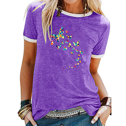 

Women's T shirt Butterfly Patchwork Print Round Neck Tops Basic Basic Top White Black Blue