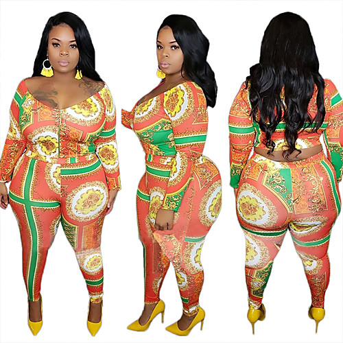

Women's Plus Size Print Geometric Floral Two Piece Yellow Orange