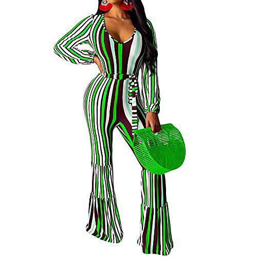 

women's sexy long sleeve jumpsuits - striped bodycon one piece jumpsuit wide leg flare pants romper red s