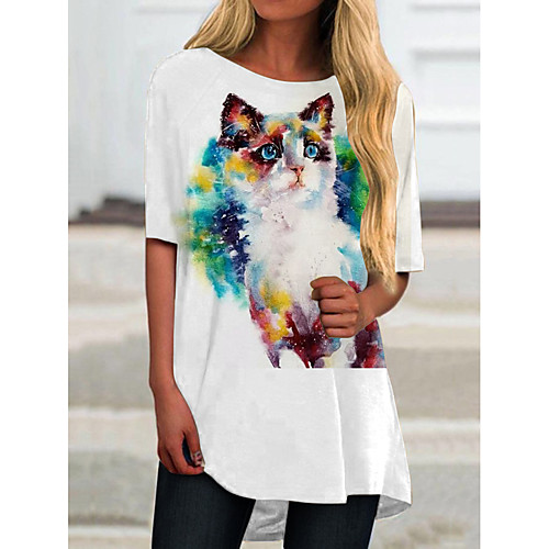 

Women's T Shirt Dress Tee Dress Short Mini Dress Blue Red Half Sleeve Cat Animal Print Spring Summer Round Neck Casual 2021 S M L XL XXL 3XL