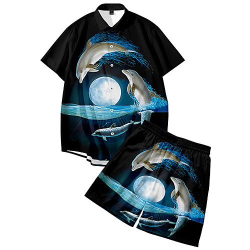 

Men's Shirt Suits 3D Print Fish Animal Button-Down 3D Print Short Sleeve Daily Tops Casual Fashion Breathable Black