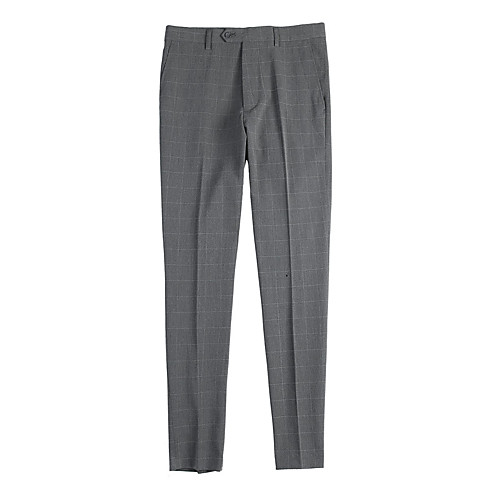 

Light Grey / Gray Checkered Tailored Fit Spandex / Polyester Suit - Notch Single Breasted One-button