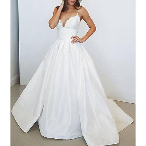 

A-Line Wedding Dresses V Neck Spaghetti Strap Court Train Lace Satin Sleeveless Country Romantic Simple with Pleats Appliques 2021