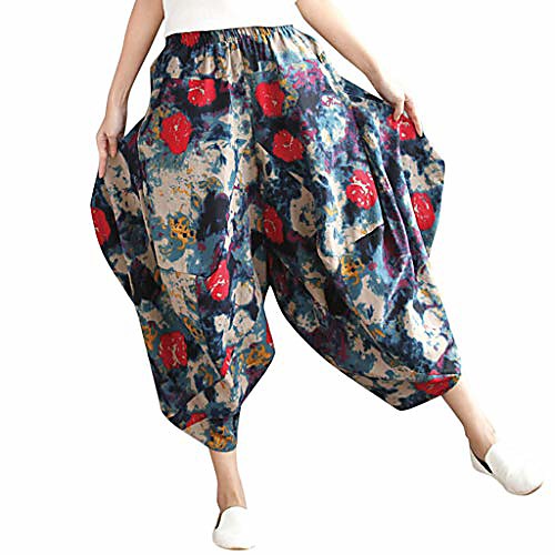 

Harem Pants Womens Capri Hippie Ethnic Dye Floral Flowers Print Casual Loose High Waist Saggy Yoga Crop Trousers (One,Blue)