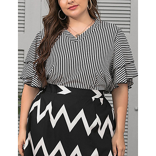 

Women's Plus Size Print Striped Blouse Large Size V Neck Half Sleeve Tops XL XXL 3XL Black Big Size